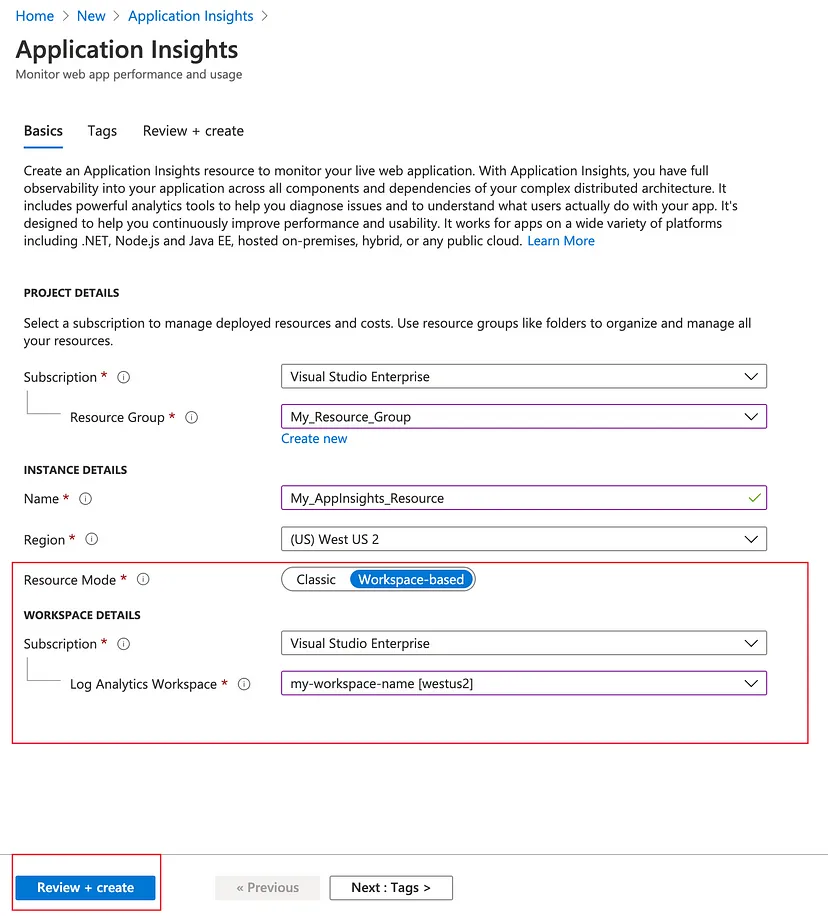 Creating an Application Insights resource