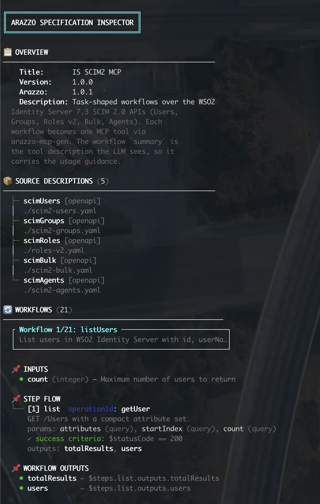 arazzo-mcp-gen inspect summarising the Arazzo file: 5 source specs and 21 workflows, starting with listUsers