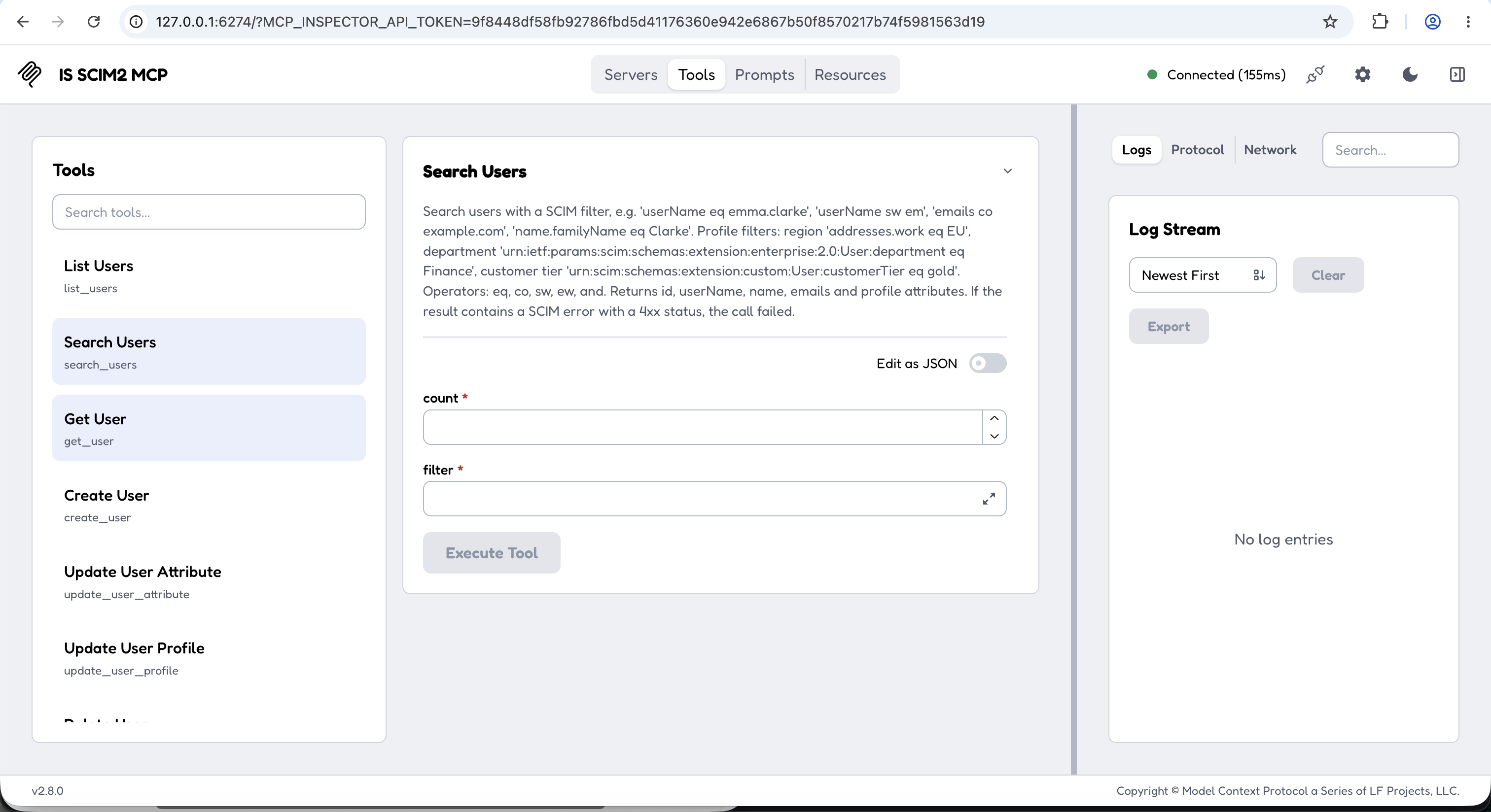 MCP Inspector connected through the AI Gateway, listing the SCIM tools