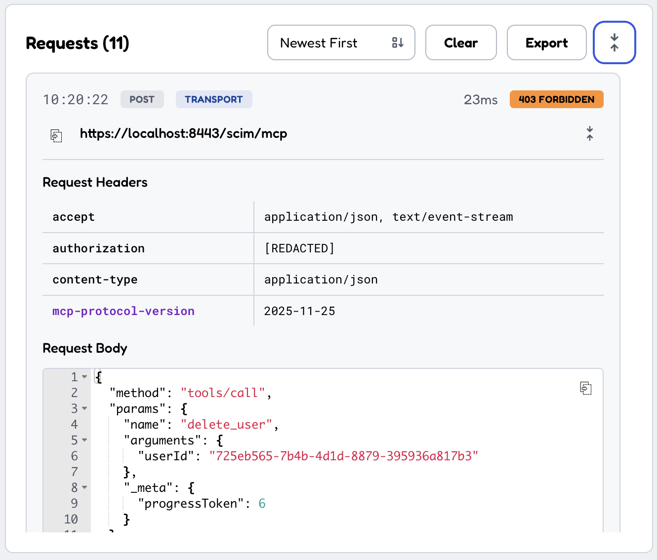 Inspector: delete_user refused with 403 for a read-only token