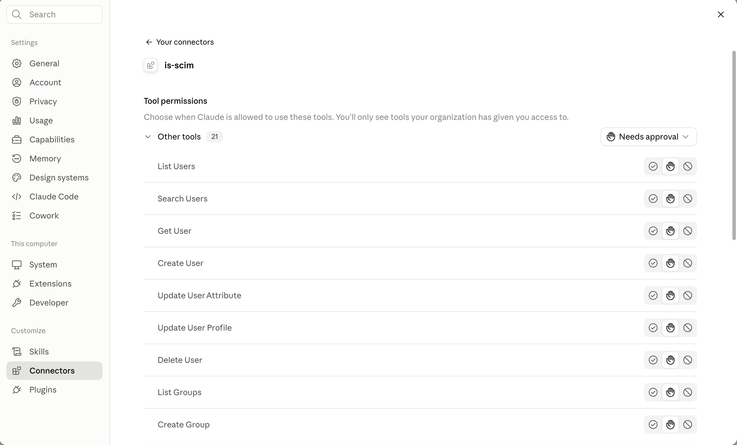 The is-scim tools in Claude Desktop