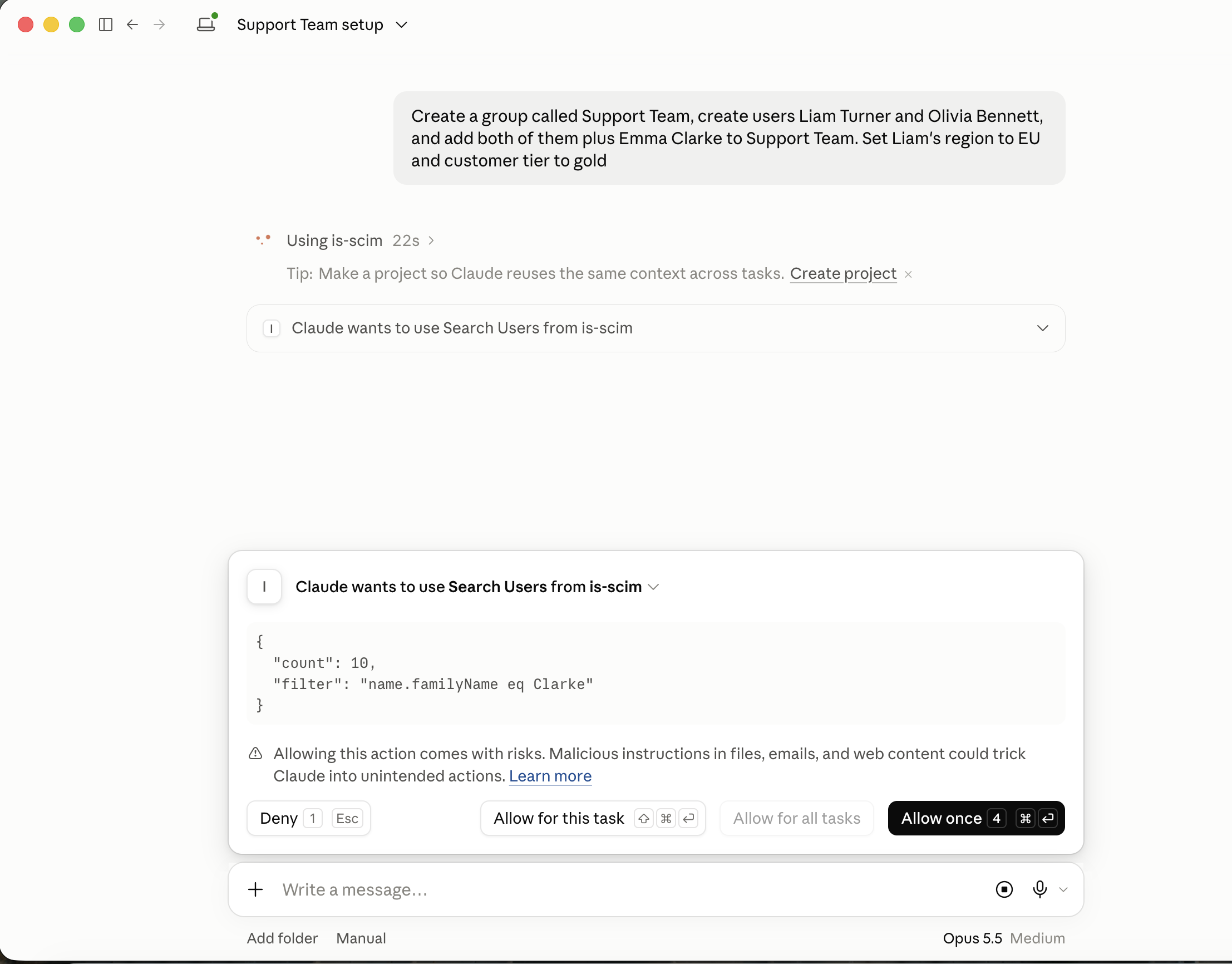 Claude Desktop managing Identity Server users and groups through the AI Gateway (1/3)