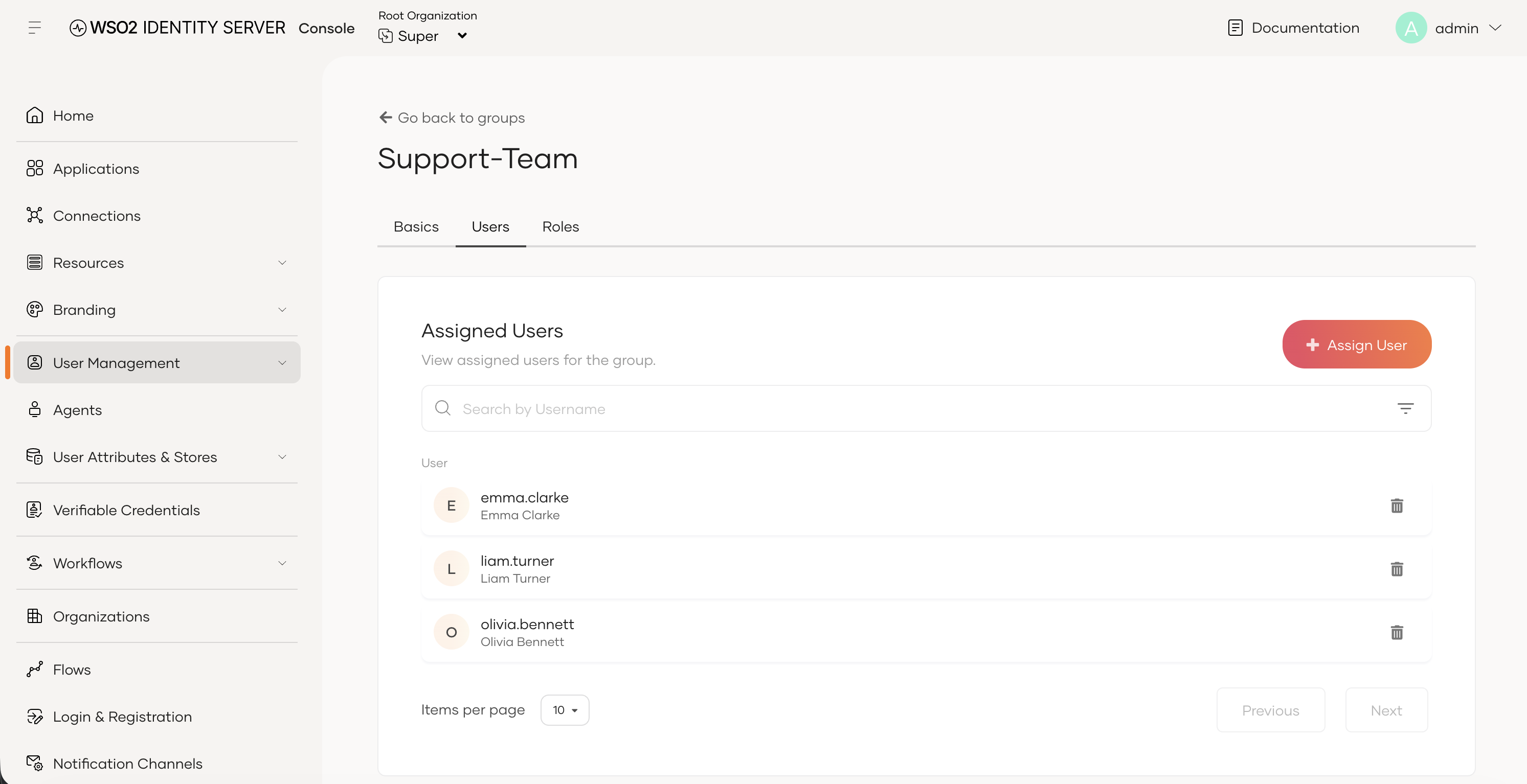 The Support-Team group in the Identity Server Console